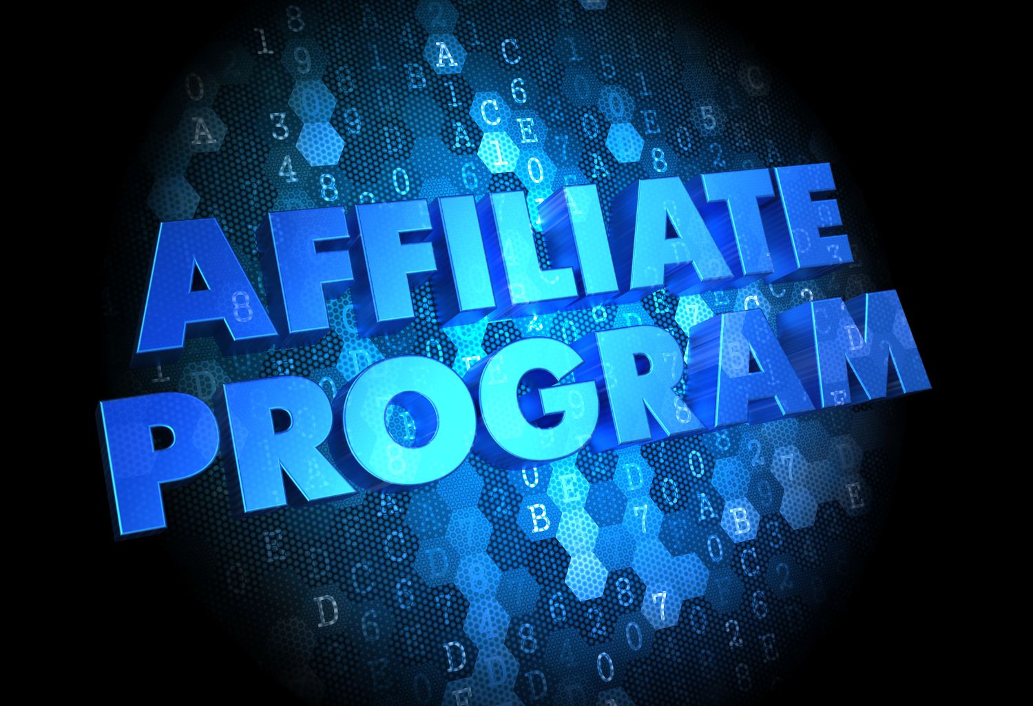 Affiliate program in blue words on top of binary text.